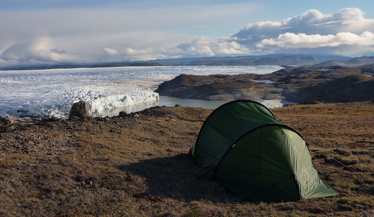 Vandretur på Arctic Circle Trail, Indlandsisen, Kangerlussuaq til Sisimiut, lejr ved start ved Indlandsisen, Grønland