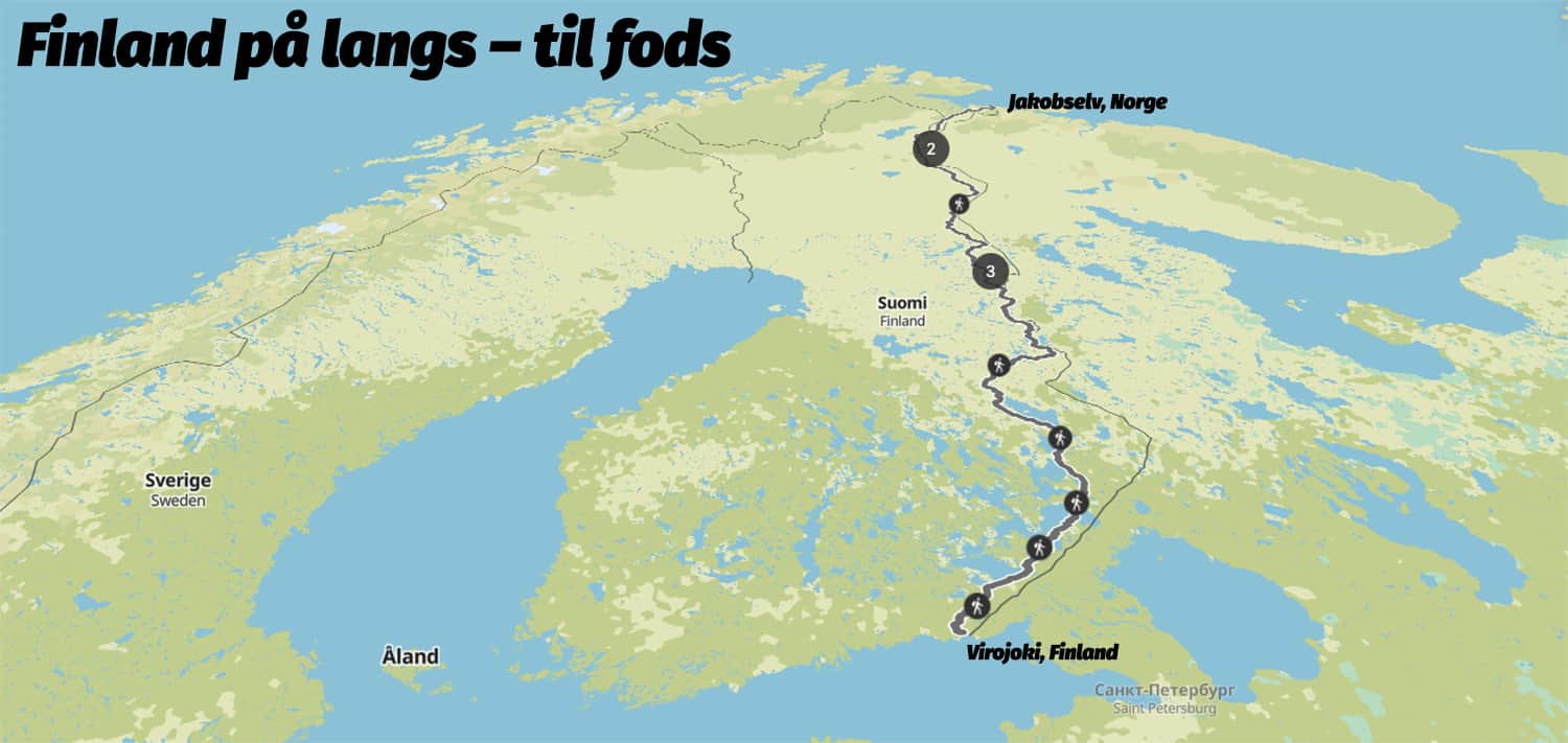 Overblik ruten, Finland på langs, til fods, af Erik B. Jørgensen