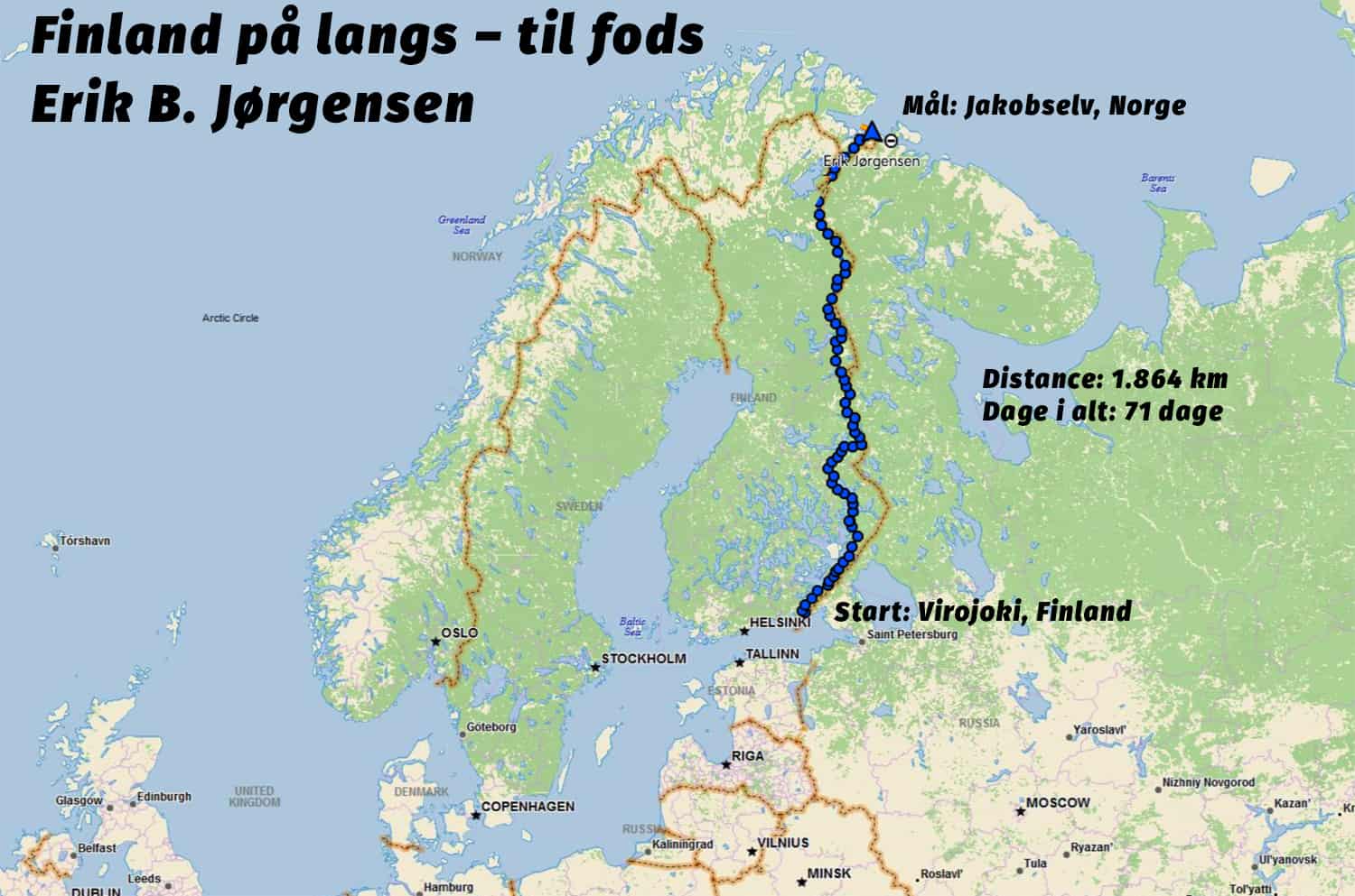 "Finland på langs – til fods" endelig rute, 1.864 km over 71 dage, af eventyrer Erik B. Jørgensen