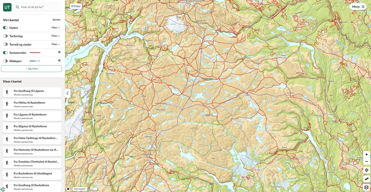 Hardangervidda, Norge, ruterne i området. Her rute oversigt på UT.no