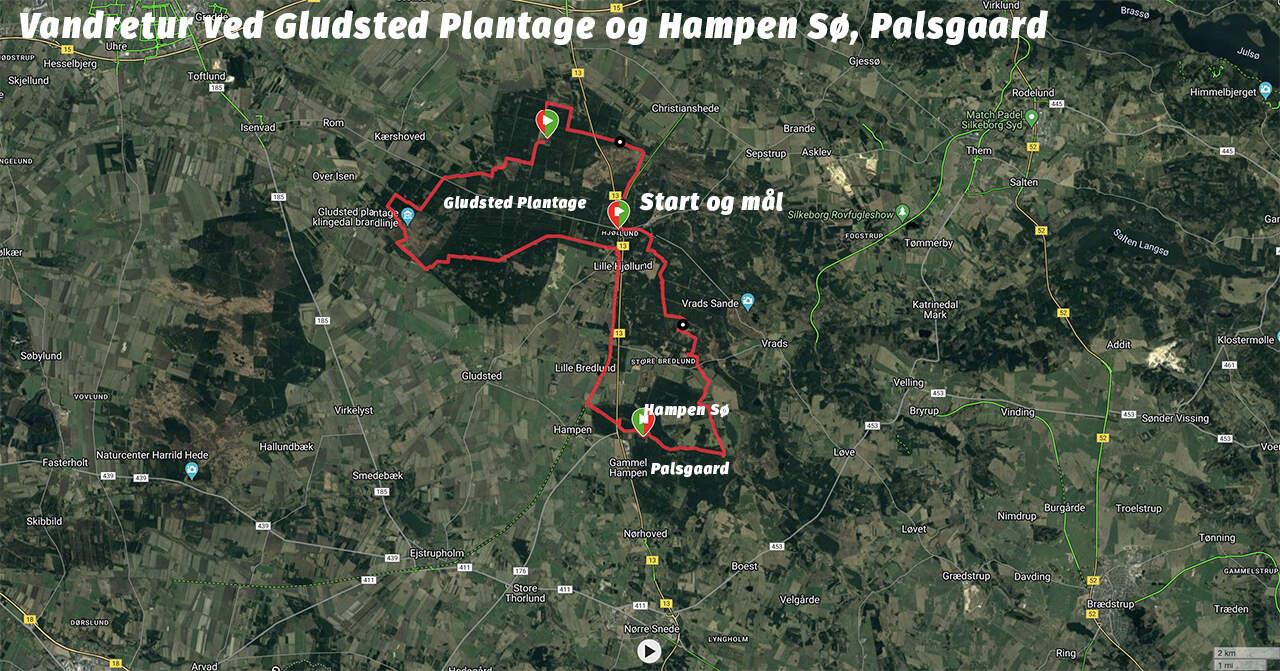 Kort over Vandretur ved Gludsted Plantage og Hampen Sø, Palsgaard Skov [Mikroeventyr] med eventyrer Erik B. Jørgensen