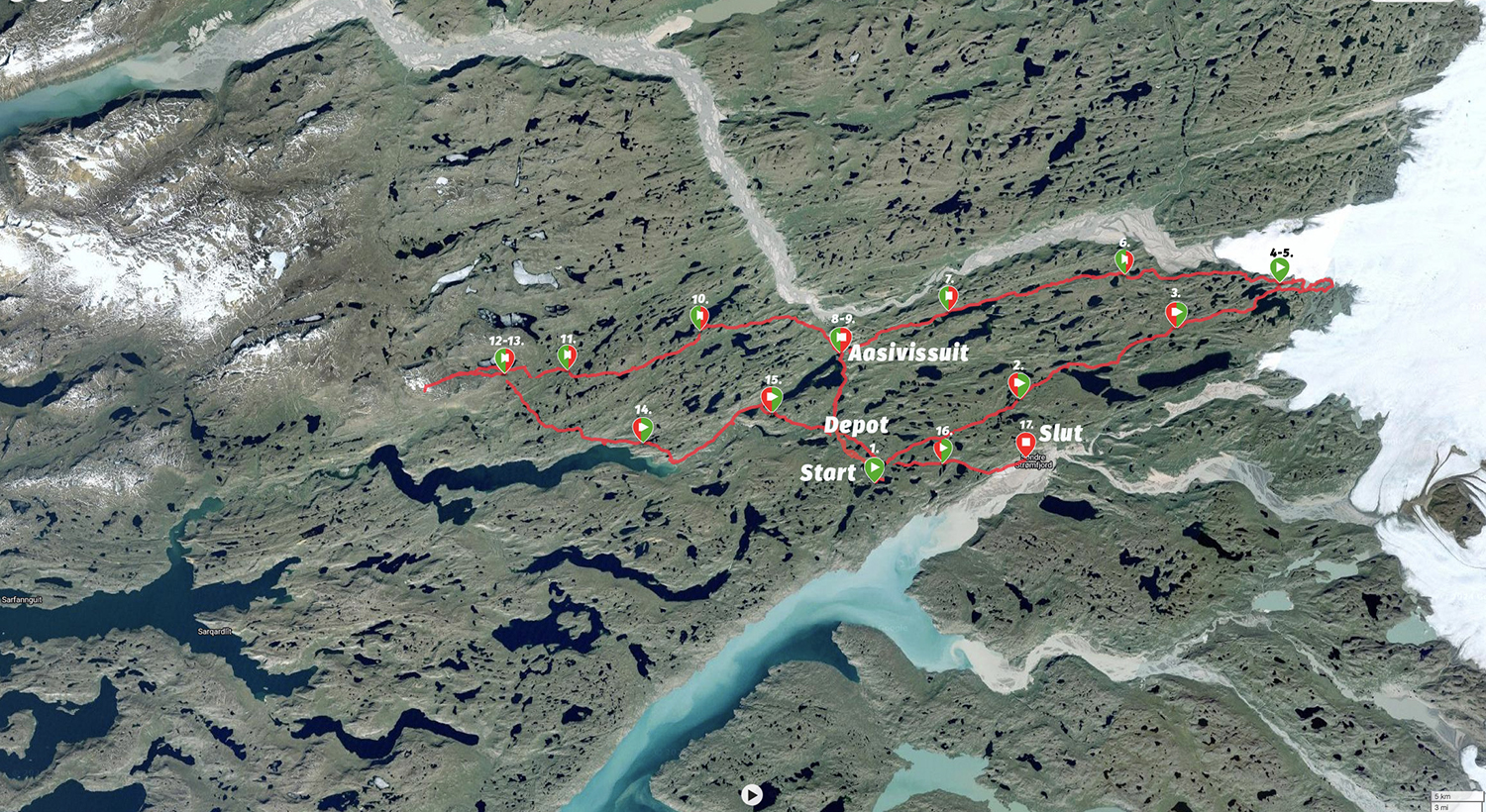 Vandretur omkring Aasivissuit, Kangerlussuaq, Grønland, kort over dag 1-17 af Erik B. Jørgensen