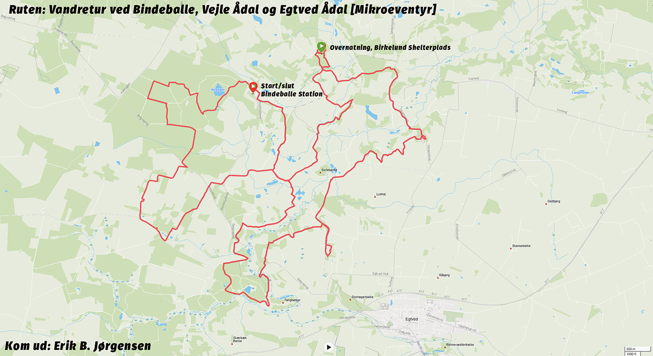 Vandretur ved Bindeballe, Vejle Ådal og Egtved Ådal [Mikroeventyr] Kort af Erik B. Jørgensen