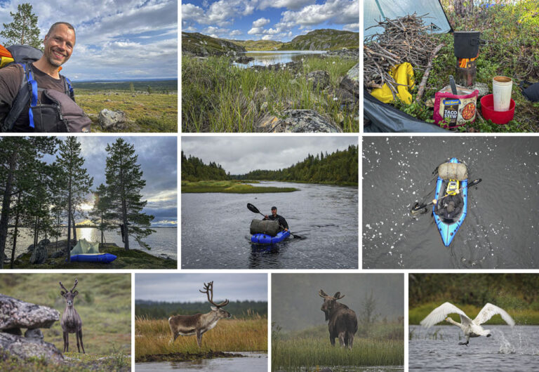 Tre uger i Nordfinland, solo til fods og med packraft, collage fra turen af eventyrer Erik B. Jørgensen