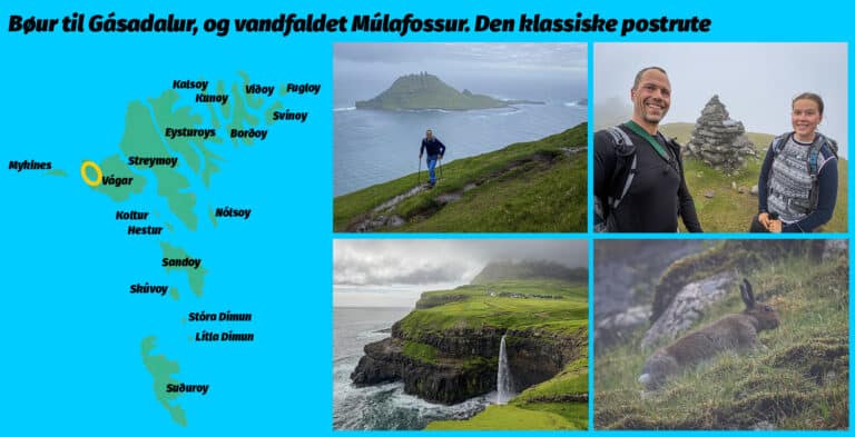 Bøur til Gásadalur, og vandfaldet Múlafossur. Den klassiske postrute, af Erik B. Jørgensen