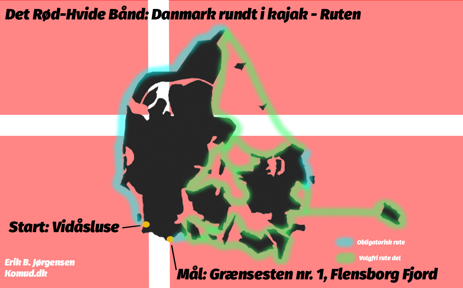 Det Rød-Hvide Bånd: Danmark rundt i kajak - Råd og fif til en god tur 7 Det Rød-Hvide Bånd, Danmark rundt i kajak - Råd og fif til en god tur, Ruten med start og slut af Erik B. Jørgensen