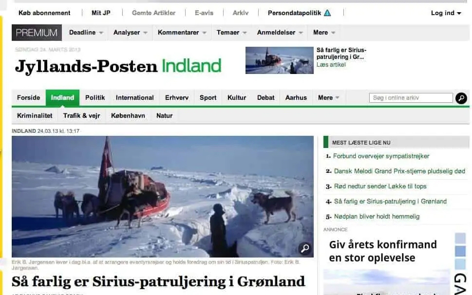 Scrapbog 244 Så farlig er Sirius-patruljering i Grønland, Jyllands-Posten Indland, netavis. 24. marts 2013 af Rasmus Sandvig Brask, med Erik B. Jørgensen