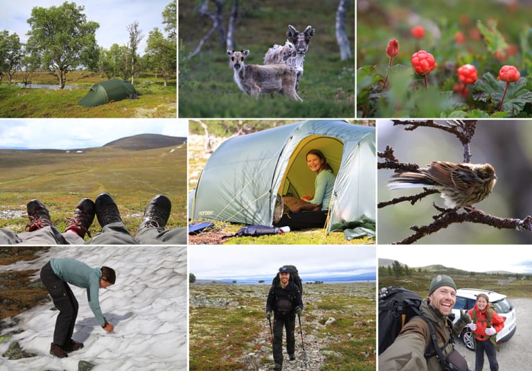 Billede collage fre turen Femundsmarka, Norge, 6 dags Far og datter eventyr [Vandretur], med Erik B. Jørgensen