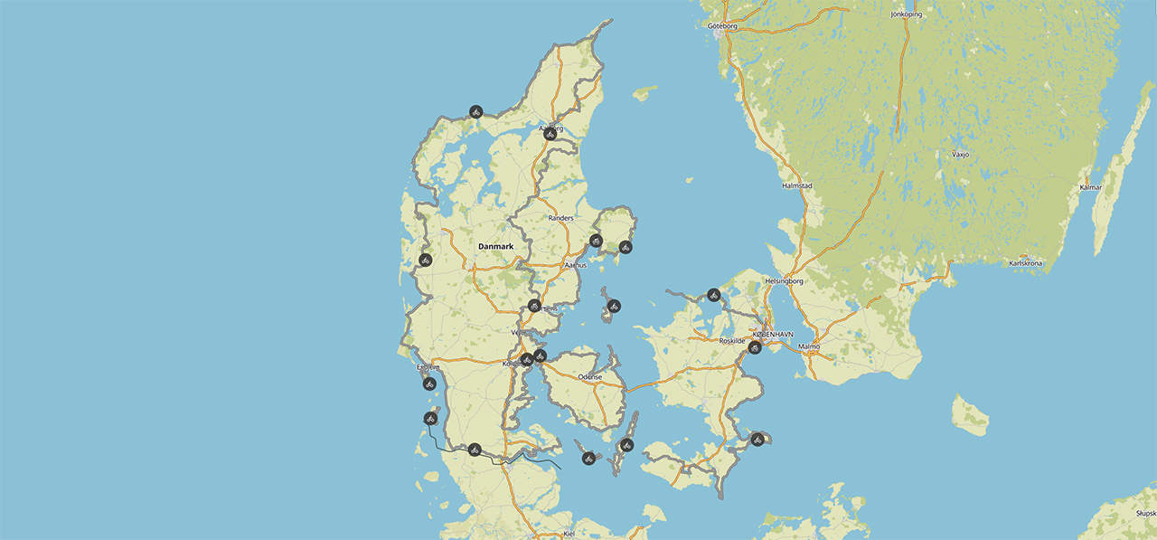 Kort med rute til Bikepacking, Danmark rundt, vores rute rundt i DK over 51 dage og 3.518 km