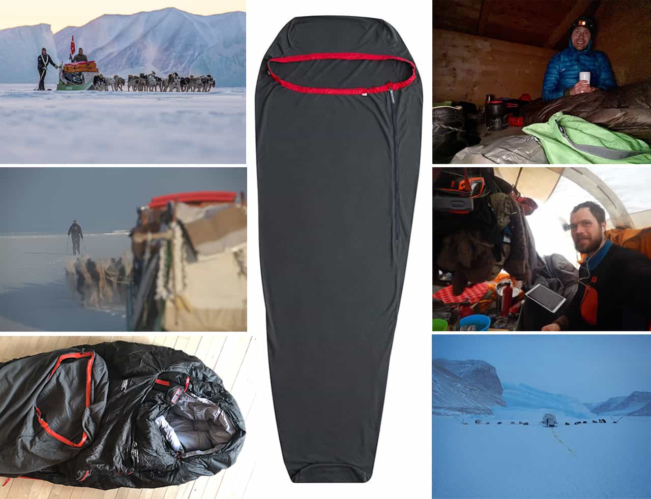 Lagenpose, Thermolite® Reactor™ Fleece, fra Sea to Summit [anmeldelse], collage af billeder, med Erik B. Jørgensen på tur og bruger lagenposen