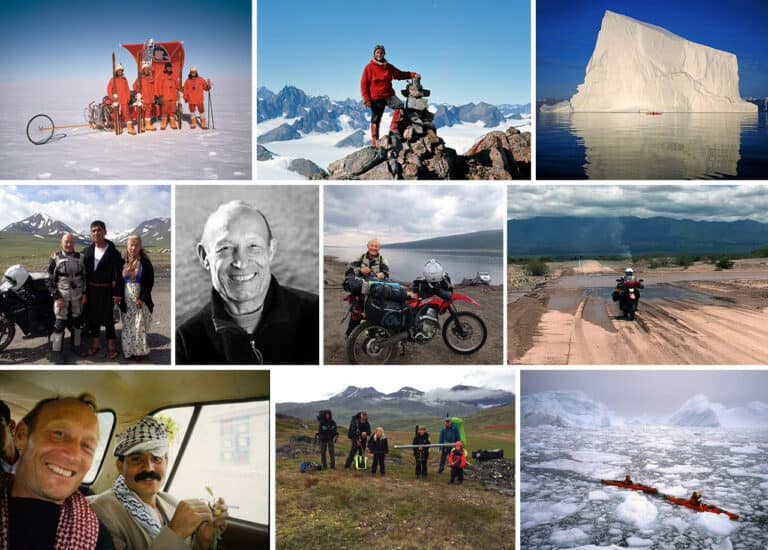 Collage af billeder, med John Andersen på tur/ekspedition, til: [Podcasts] Mød eventyrer John Andersen, genbesøger
