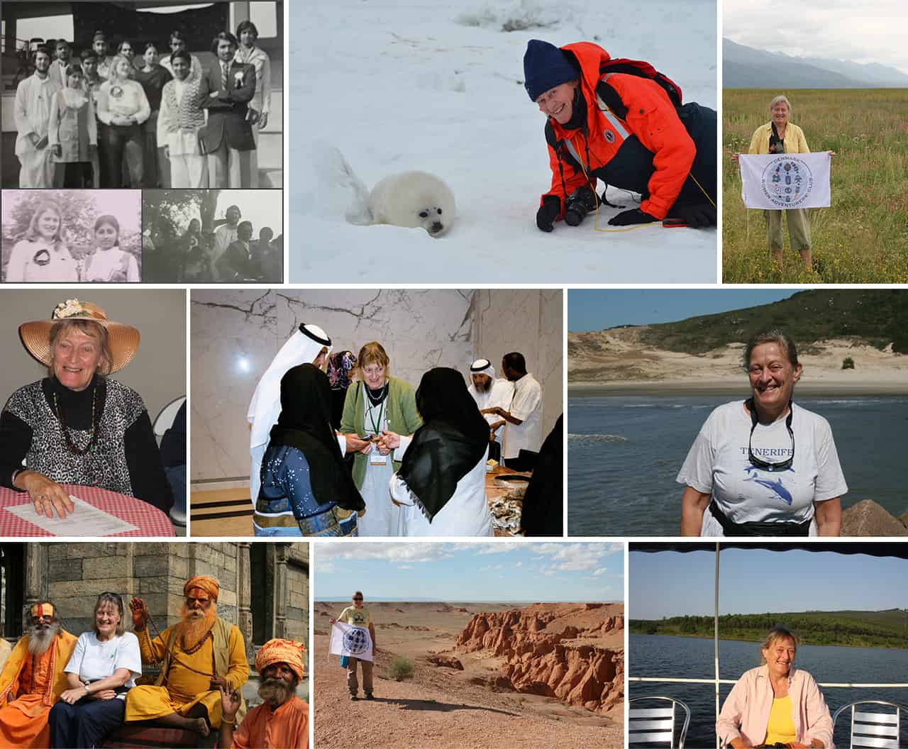 Collage af billeder af Birgith Sloth rundt i verden på eventyr, til [Podcasts] Mød eventyreren Birgith Sloth, vært Erik B. Jørgensen