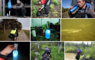Collage billeder af Erik B. Jørgensen på tur/ekspeditioner med vandrensning, til indlægget Rent vand på tur, vandrensning i naturen [Valg af] [Fif og råd], af Erik B. Jørgensen