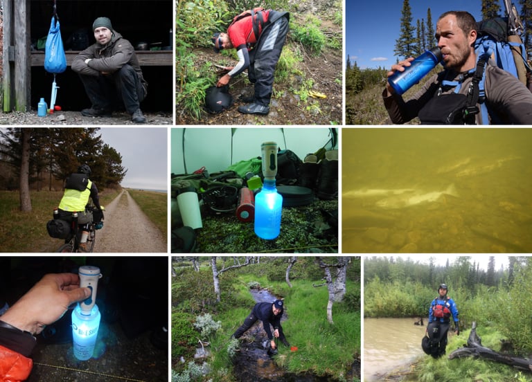 Collage billeder af Erik B. Jørgensen på tur/ekspeditioner med vandrensning, til indlægget Rent vand på tur, vandrensning i naturen [Valg af] [Fif og råd], af Erik B. Jørgensen