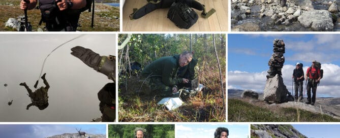 Collage med billeder af Erik B. Jørgensen der bruger Saracen, militærrygsæk, Lowe Alpine [Anmeldelse] på ture og i Jægerkorpset