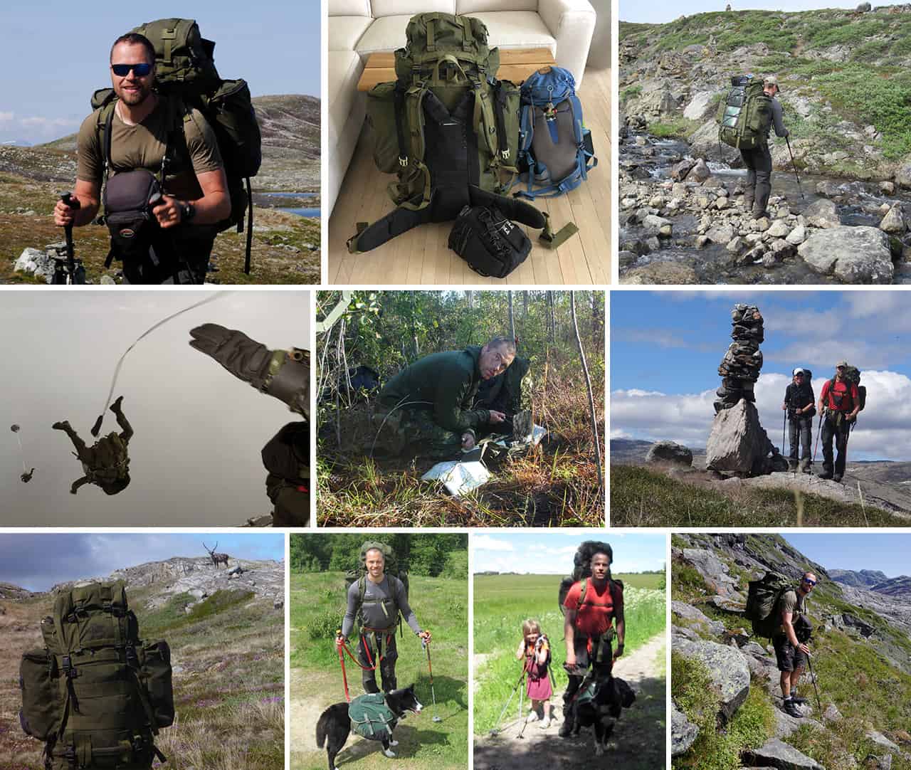 Collage med billeder af Erik B. Jørgensen der bruger Saracen, militærrygsæk, Lowe Alpine [Anmeldelse] på ture og i Jægerkorpset
