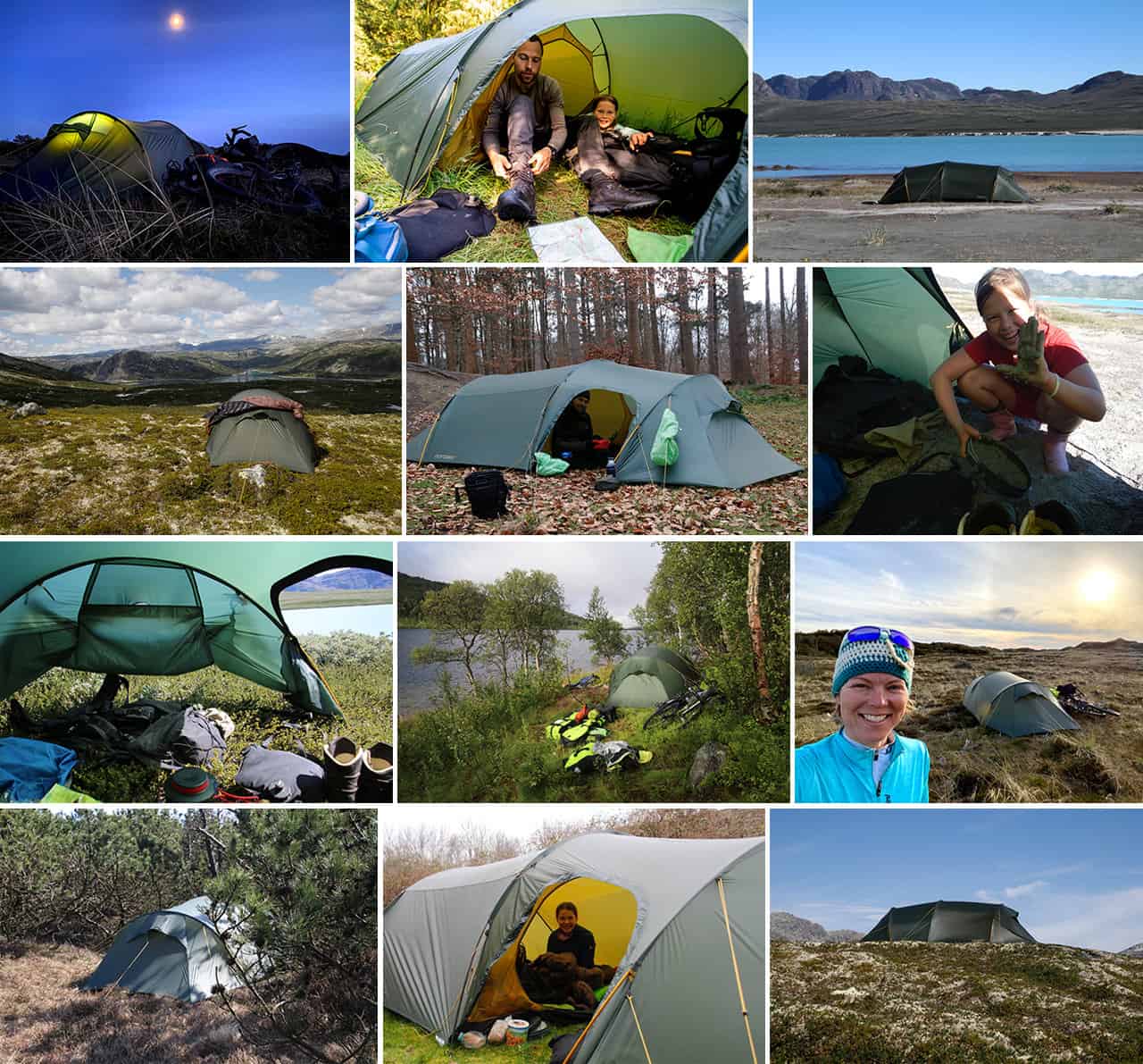 Billedecollage af telt på tur, til indlægget Telt anmeldelse, Nordisk Oppland 3 LW, 2015-2020 af Erik B. Jørgensen