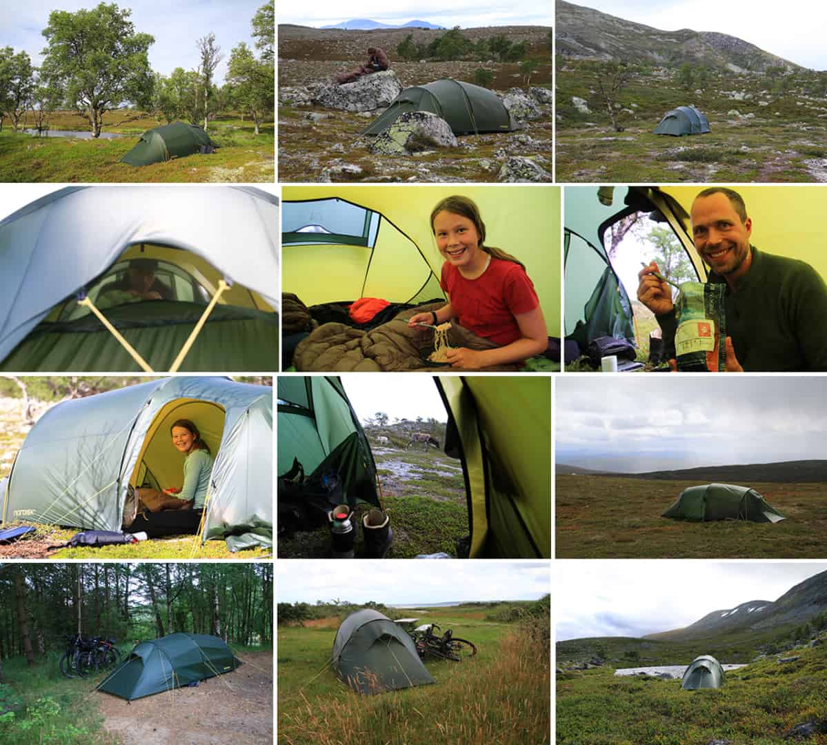 Billede collage af Erik B. Jørgensen teltet Oppland 2 LW på ture og ekspeditioner til indlægget Telt anmeldelse, Oppland 2 LW, fra Nordisk, på tur med Erik B. Jørgensen