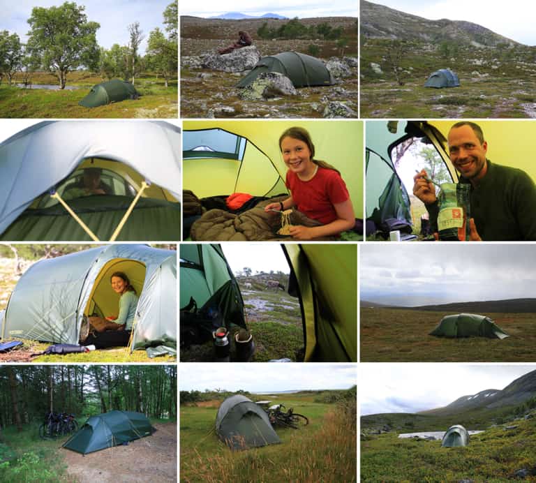 Billede collage af Erik B. Jørgensen teltet Oppland 2 LW på ture og ekspeditioner til indlægget Telt anmeldelse, Oppland 2 LW, fra Nordisk, på tur med Erik B. Jørgensen