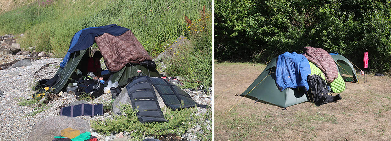 Tørre din sovepose, på tur! Billeder af soveposer på toppen af et telt der luftes og tørres i solen