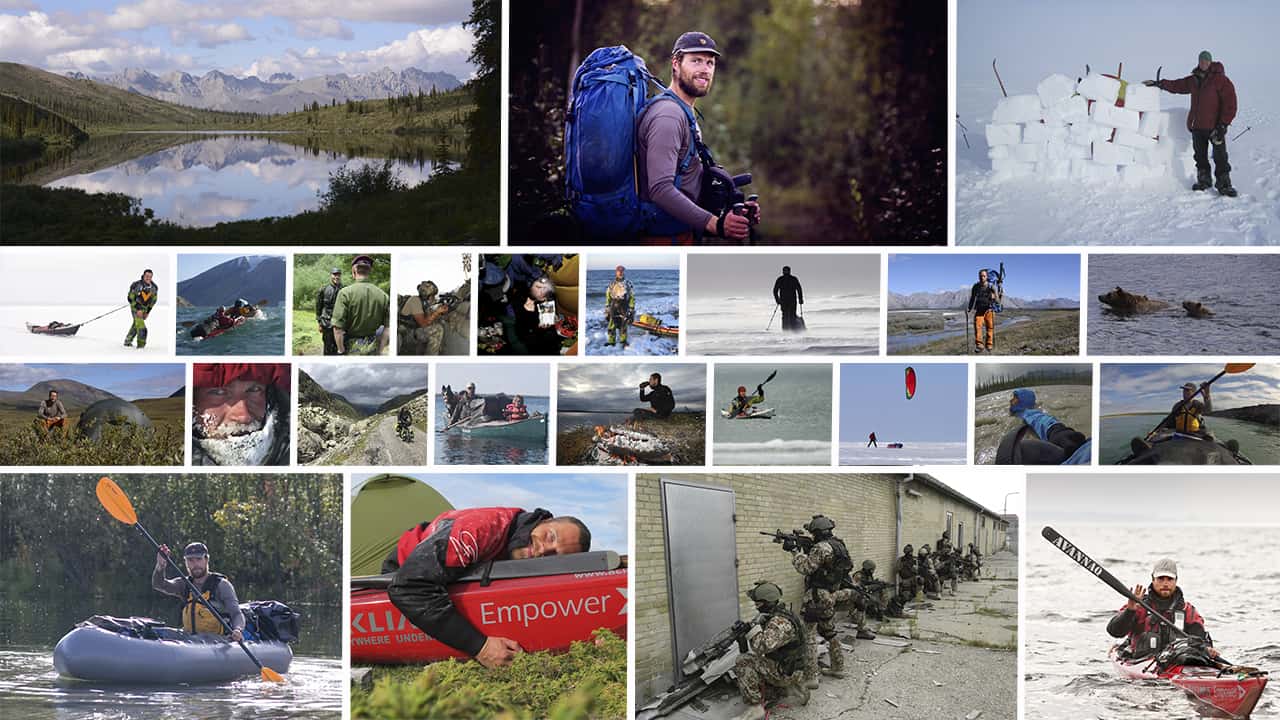 Collage af billeder af Erik B. Jørgensen fra hans mange ture og ekspeditioner