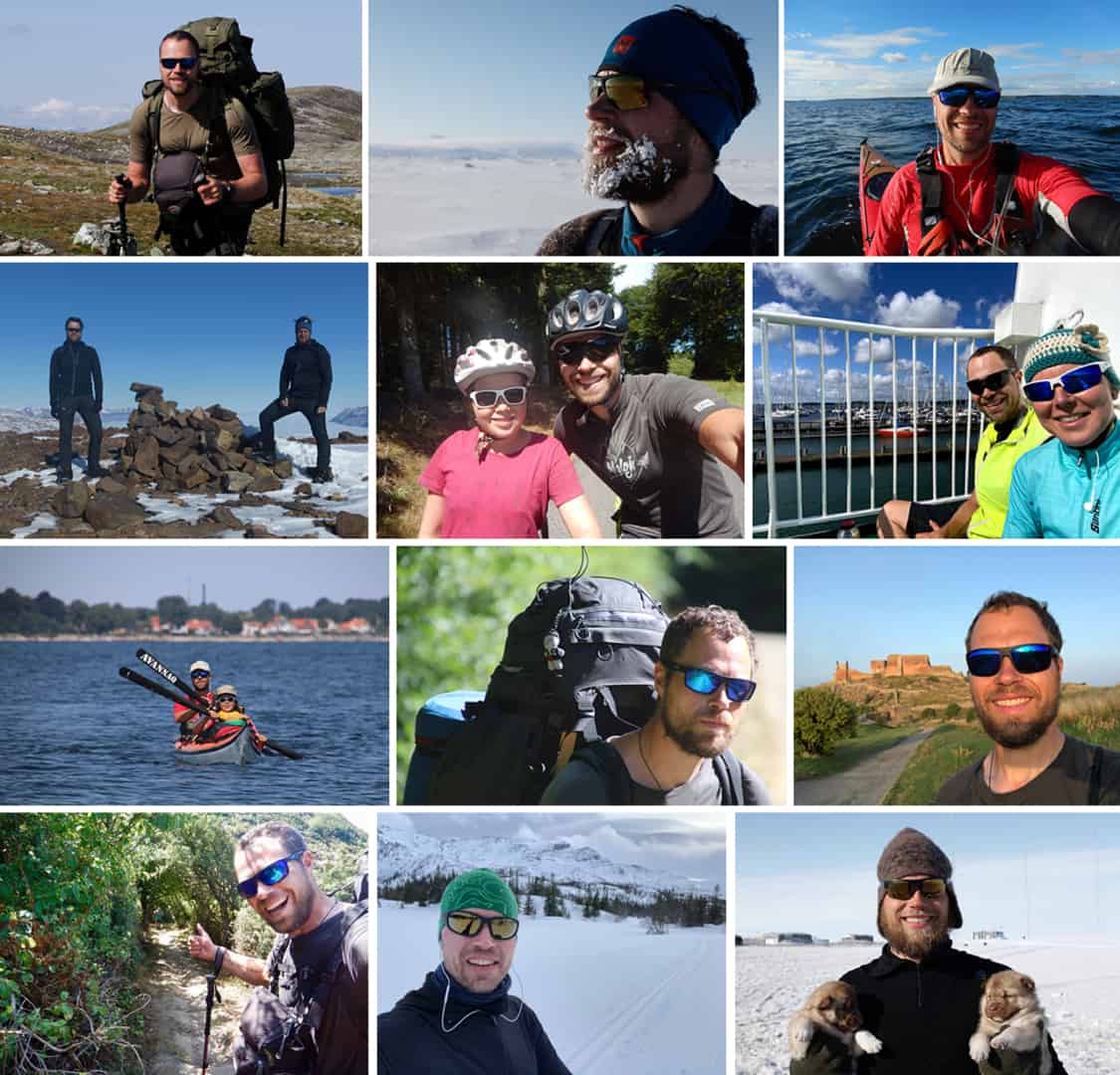 Collage af billeder fra ture og ekspeditioner med Erik B. Jørgensen hvor han bruger solbriller, til indlægget Valg af solbriller, Wiley X af Erik B. Jørgensen