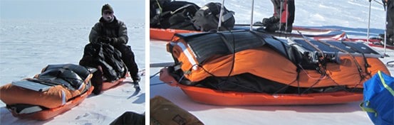 sovepose, etui, taske, vinter, tur, ekspedition, pulk. Billeder af Erik B. Jørgensen på den Grønlandske Indlandsis med pule og sin arctic bed.