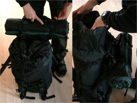 Liggeunderlag sikring. Billede af rygsæk og liggeunderlag der er sikret ved låget.