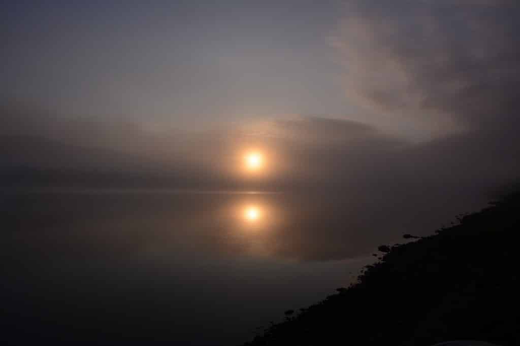 Solopgang, tåge, Noatak River